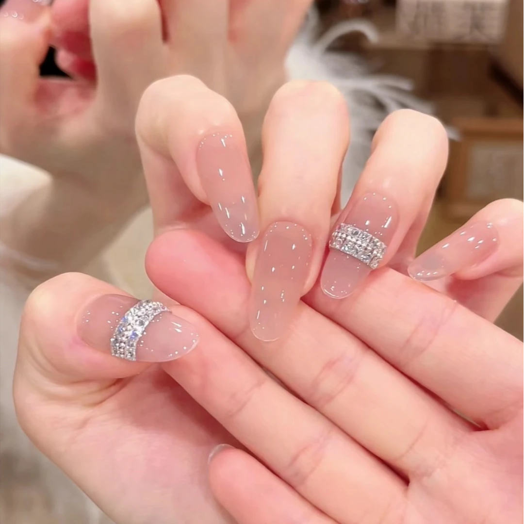 JDD【月光粉晕】裸色新款简约百搭纯手工美甲穿戴甲片中长款显白