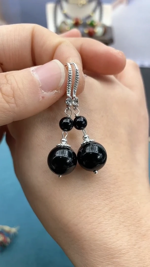 【闪购商品】黑色碧玺耳饰银S925镶嵌黑美人耳钩