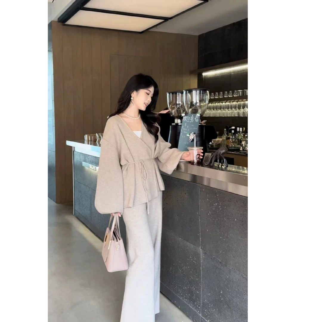 （运补6元）秋季慵懒风针织套装女开衫外套阔腿裤两件套无扣设计款