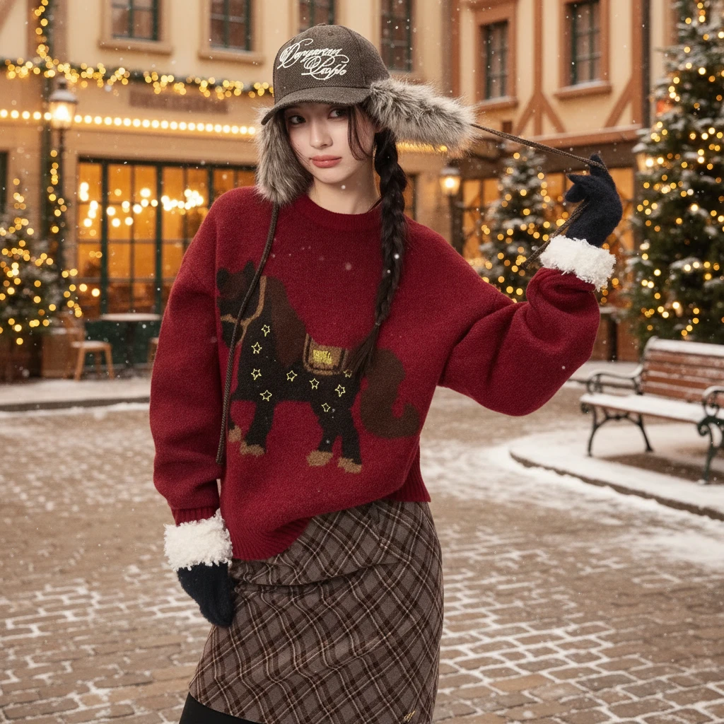 新年穿搭红色减龄卡通小马刺绣毛衣女秋冬百搭气质宽松针织衫上衣