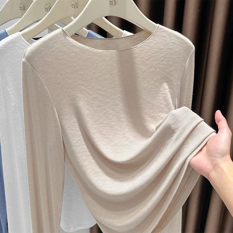 大圆领修身打底衫女薄款内搭竹节棉针织长袖T恤春秋新款气质上衣