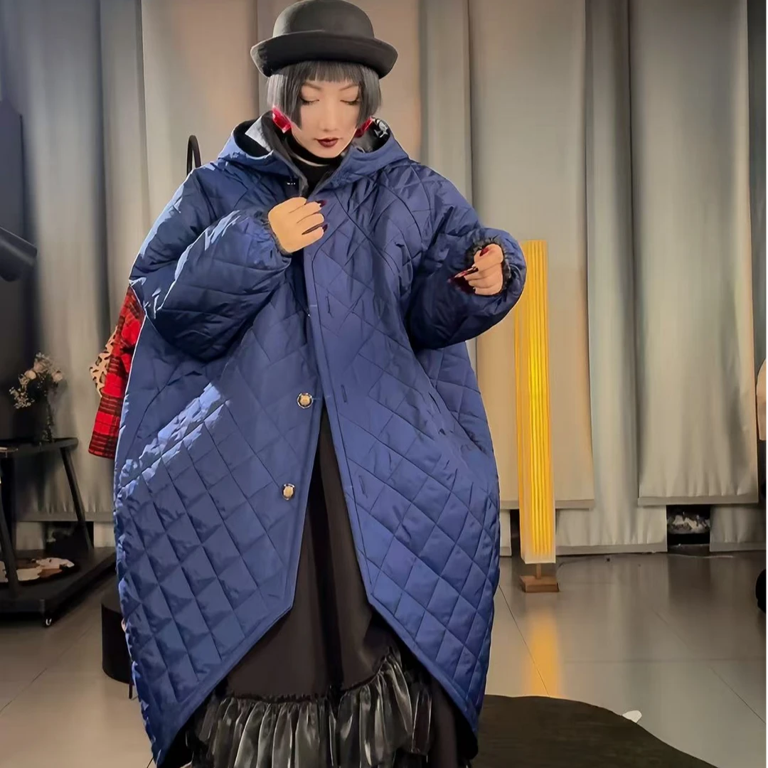 2025冬季小众设计连帽剪刀口不对称中长款棉服女休闲宽松百搭棉袄