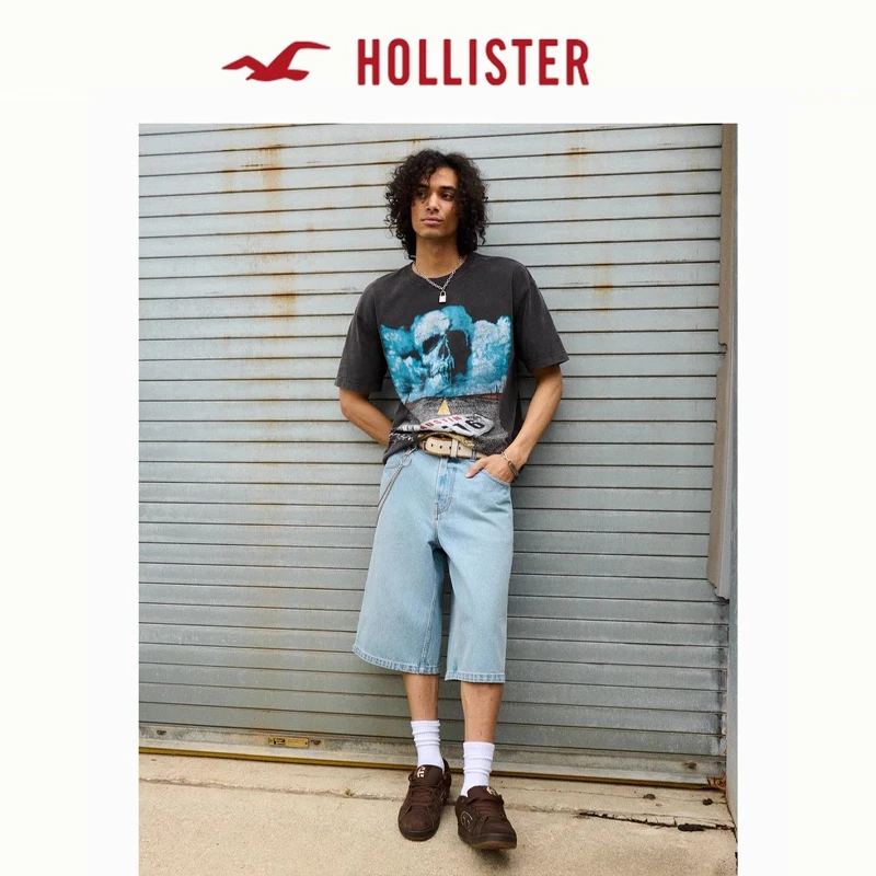 Hollister25夏季baggy风街头宽松五分牛仔短裤男装KI328-5196