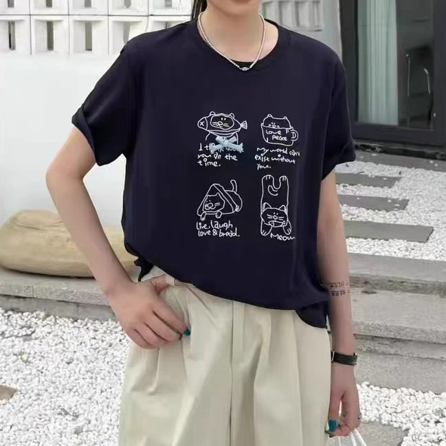 7582#夏季2025新款百搭卡通刺绣小猫宽松显瘦减龄短袖圆领上衣T恤