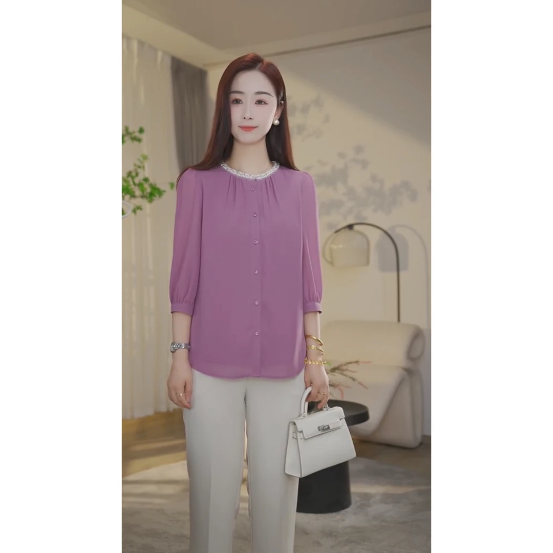 【杨杨专属】欧若风火龙果色小衫女款职业纯色夏款时尚百搭8592414B