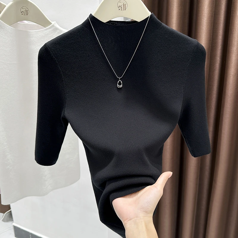 甜辣风黑色质感半高领套头内搭女洋气中袖打底衫气质舒适轻薄上衣