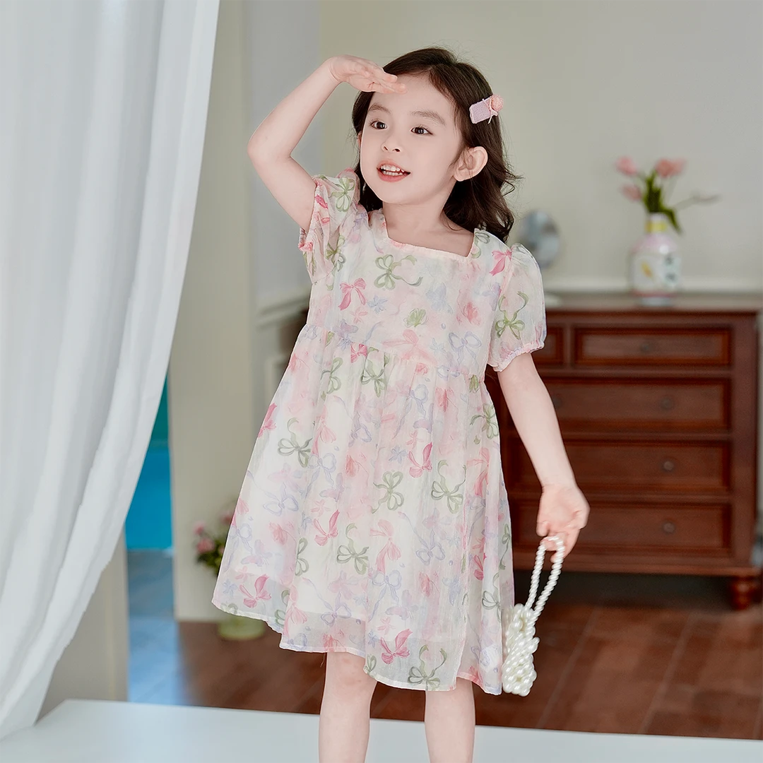 现货【粉茵】3240双层连衣裙女童新款夏装洋气女宝透气花色无袖裙子