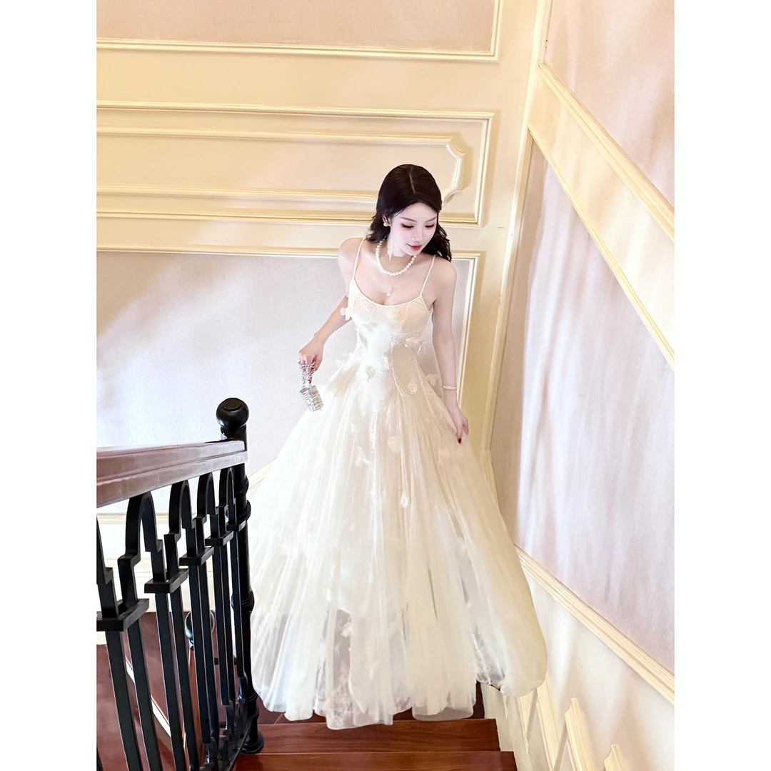 Good Job【花开蝶叙】法式蕾丝花朵薄纱吊带连衣裙气质大摆礼服裙