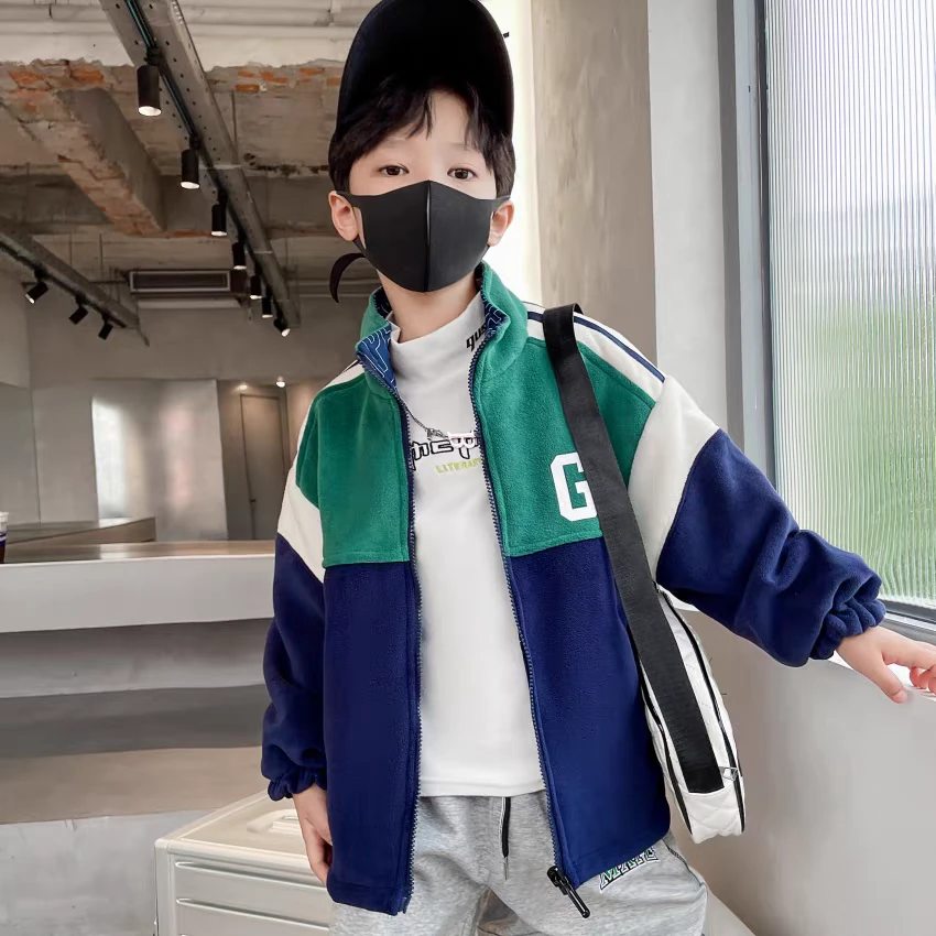 男童拼色奥利绒两面穿外套秋冬加绒加厚A8-13-4轻微染色介意慎拍