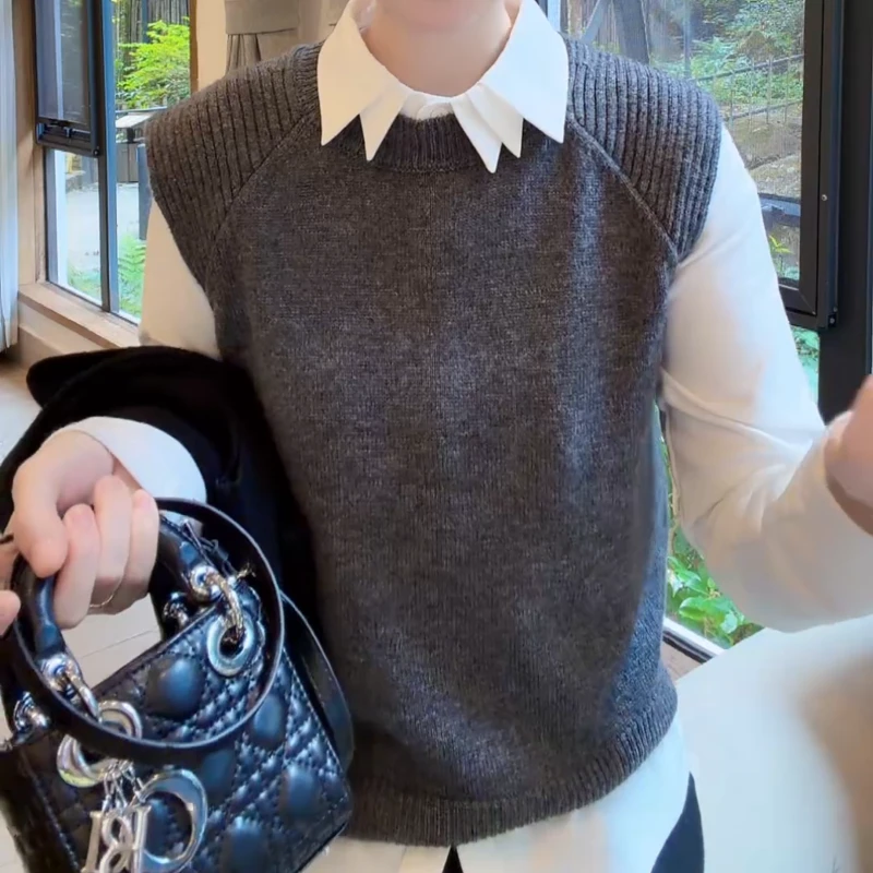 T冬季修身不规则领长袖磨毛衬衫+时尚百搭针织背心套装LK2508850