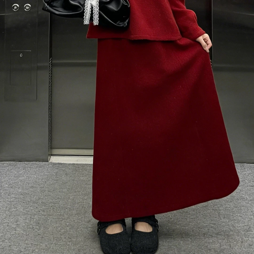 【晨浠定制】新款时尚气质红色毛尼半裙6827