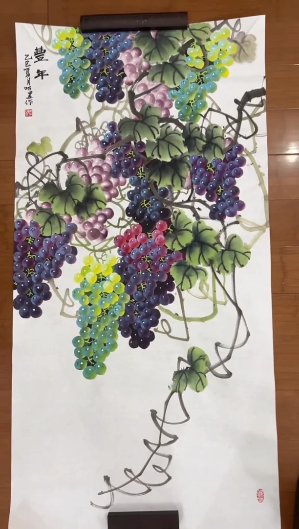 国画【直播福利，纯手工手绘】听昱葡萄竖版138*68