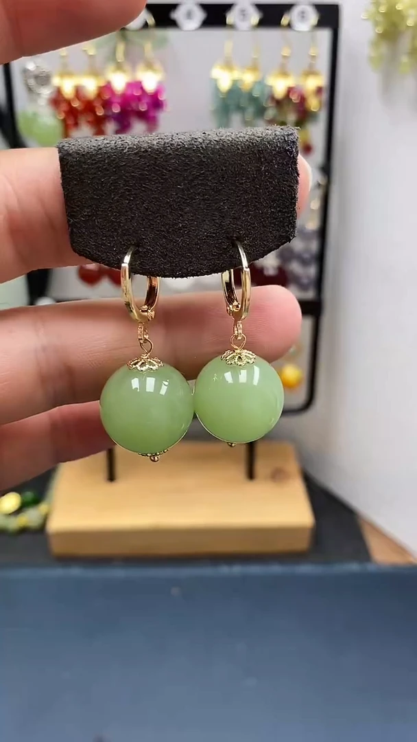 和田玉银S925镀金镶嵌耳饰尺寸16mm耳扣33