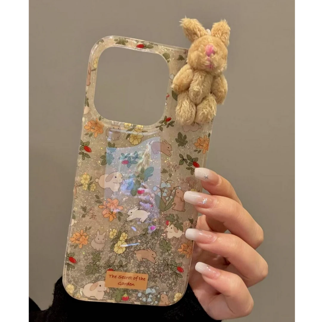 闪粉碎花兔子适用iPhone16promax手机壳苹果15新款14防摔13/12/11