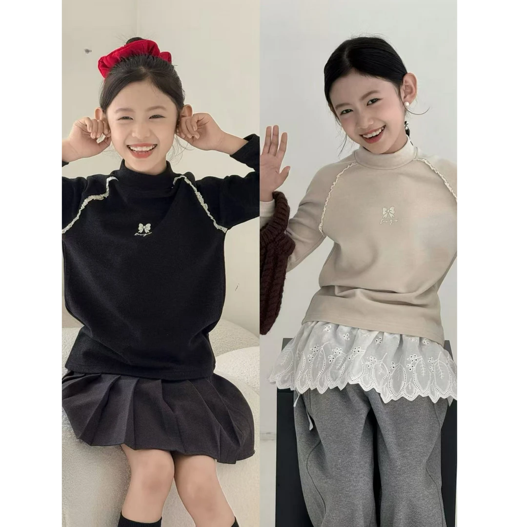 2025秋冬『温暖加倍』女童洋气蕾丝花边德绒加厚休闲百搭打底衫9923