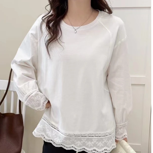 2025春季新款时尚韩版休闲百搭花边打底长袖T恤 衣长65 胸围115