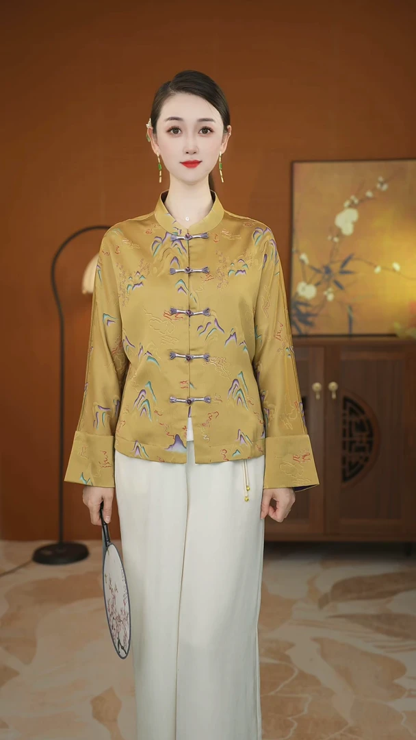 千里江山-2025新款国风新中式提花盘扣外套遮肉显瘦开衫上衣女装