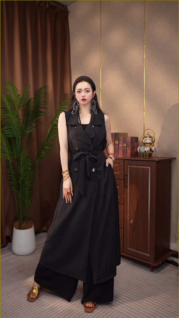 229/ J 新款黑色洋气格纹无袖系带收腰马甲裙