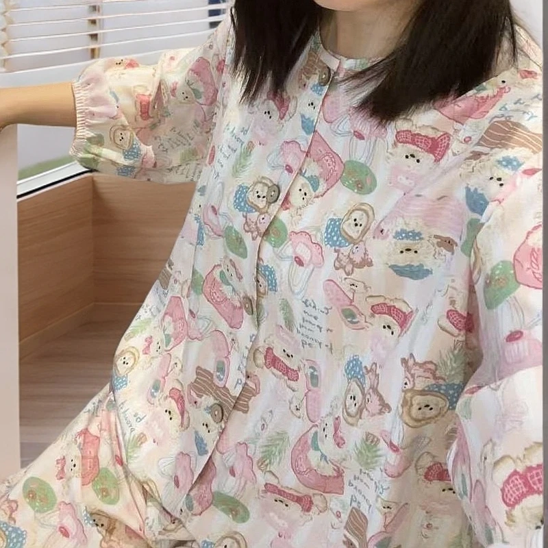 《口袋款中袖长裤大版套装》绵绸薄款夏人造棉家居服圆领开扣女睡衣