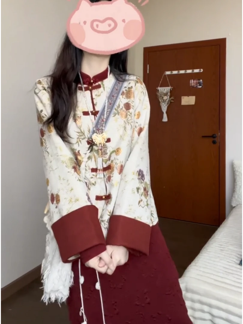 2025秋冬新款新中式国风复古盘扣外套搭配红色针织裙气质两件套女