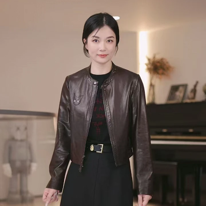 ZM24早秋新款欧货圆领刺绣短款绵羊皮皮衣百搭（95196）