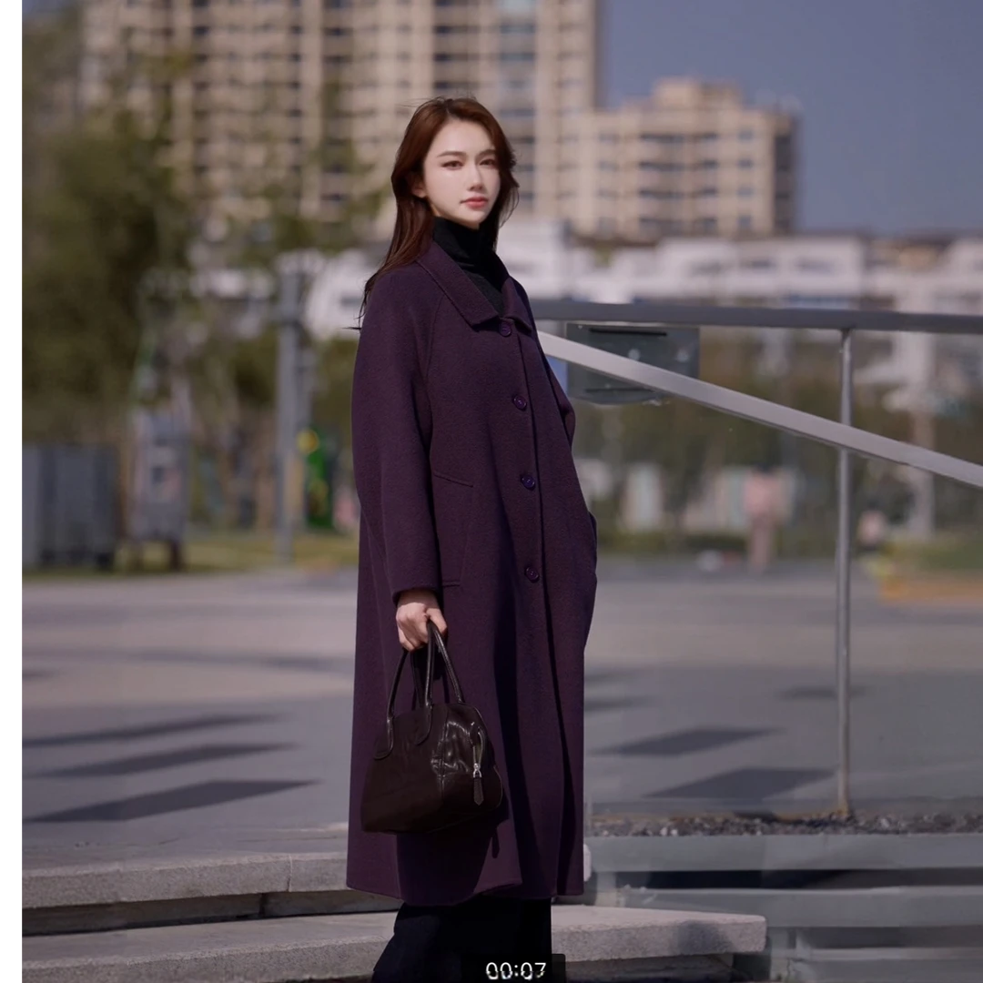 S·KBKZ韩系全羊毛翻领长款双面高支羊毛时尚廓形显瘦大衣2518宽松