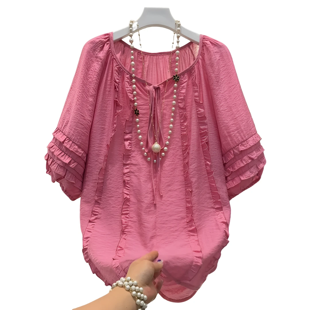 夏季大码女装胖妹妹遮肉显瘦宽松粉色大衫上衣休闲百搭短袖半袖