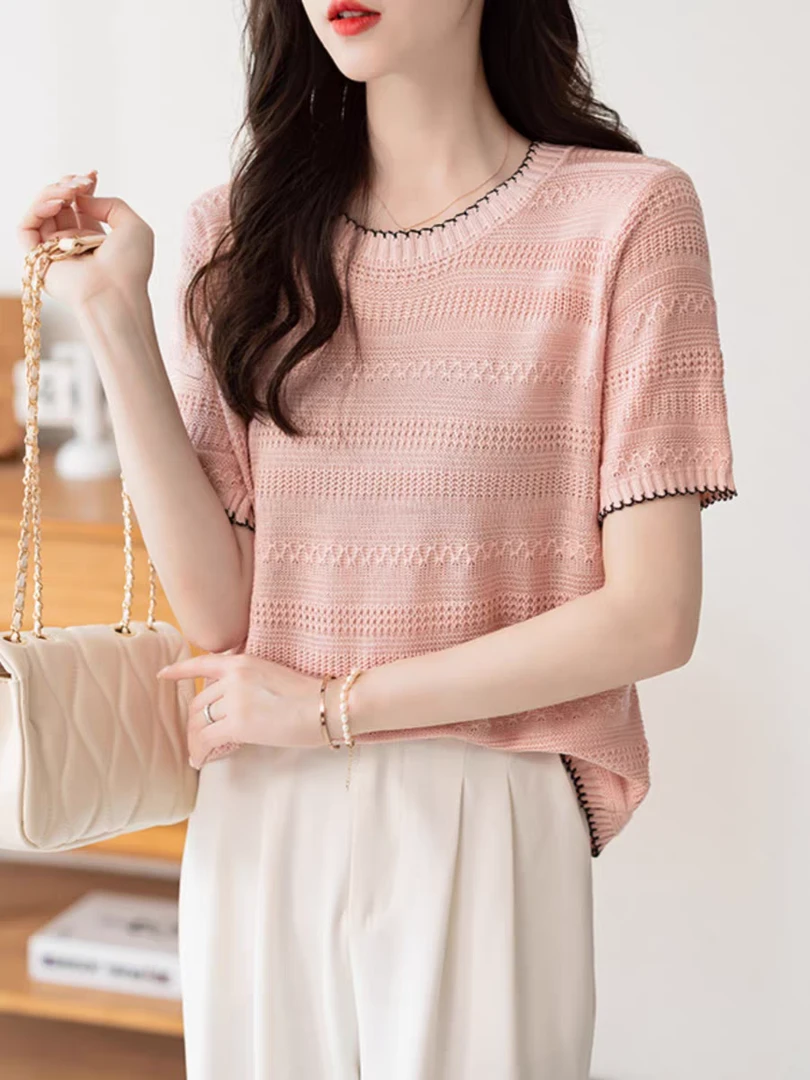 纯色圆领钩花领镂空长袖上衣女2025春新款洋气宽松打底针织衫上衣