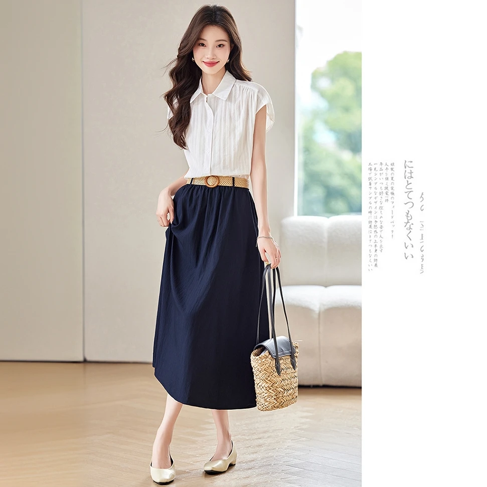 法式衬衫套装显瘦夏季连衣裙宽松收腰无袖半身裙高腰两件套女士