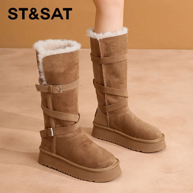 星期六厚底皮带扣雪地靴女2025爆款冬季加绒东北大棉靴棕色长筒靴