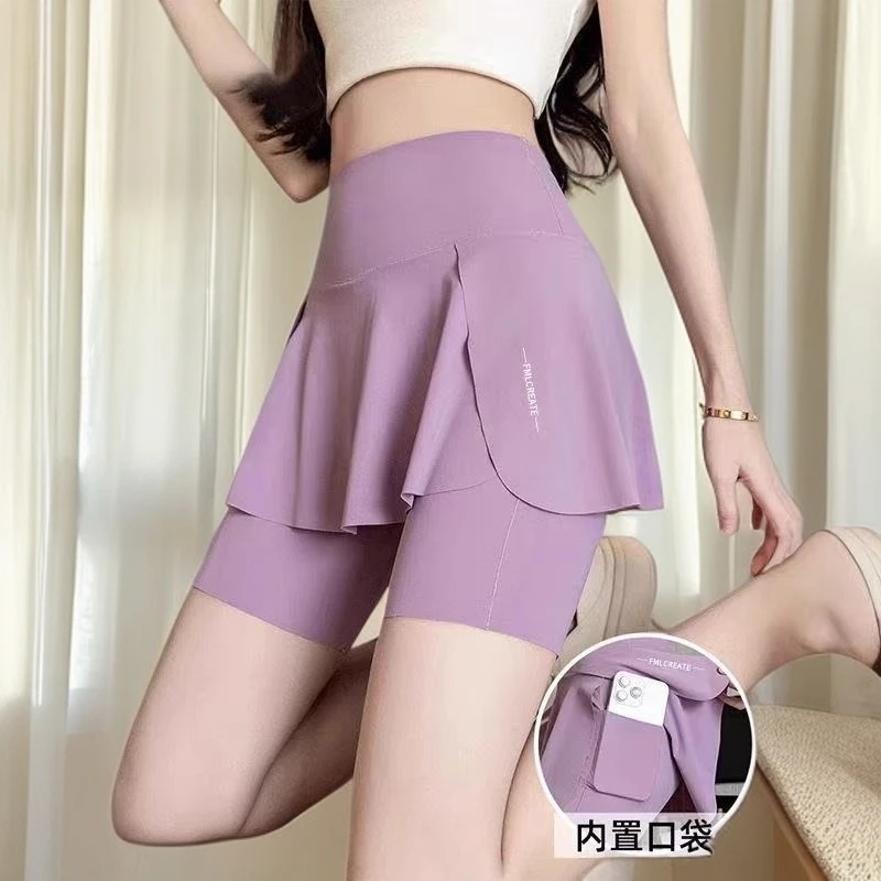 五分运动裙裤女夏季假两件防走光瑜伽裙裤跑步健身百褶鲨鱼裤短裤