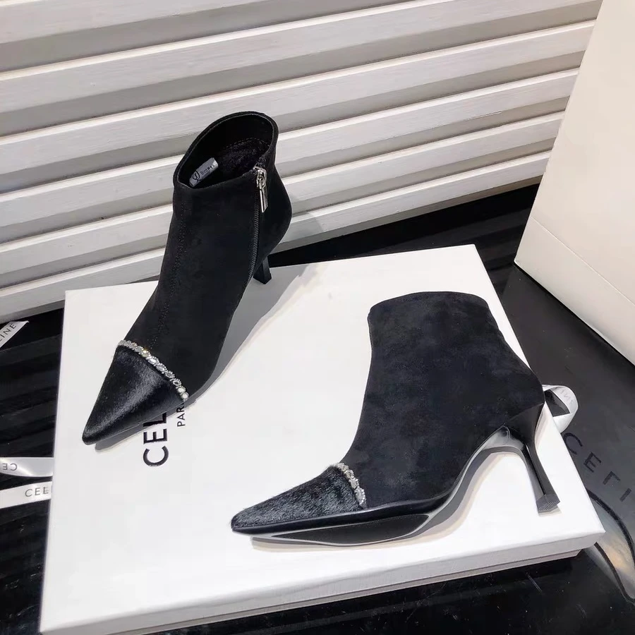 法式高跟及踝靴秋冬性感时尚水钻马毛尖头细跟短筒靴女百搭瘦瘦靴