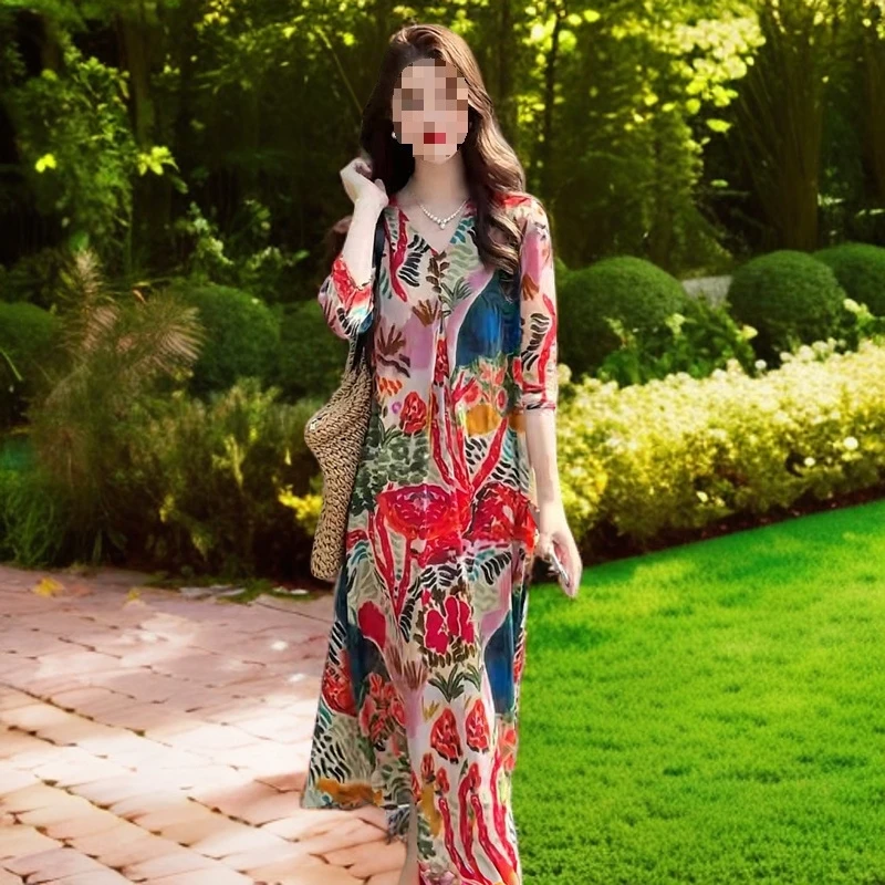 夏季新款宽松显瘦印花度假连衣裙修身碎花裙子法式百搭老钱风女装