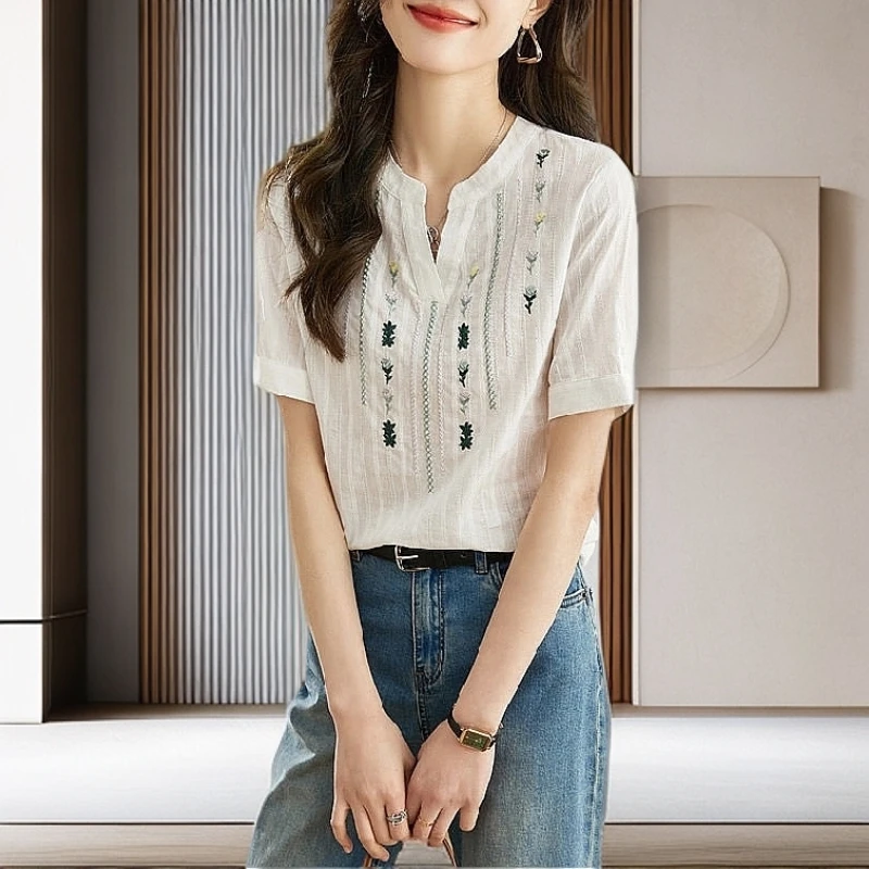 【雅岚女装】时尚洋气显瘦100%纯棉短袖白色衬衫女夏季新款刺绣百搭