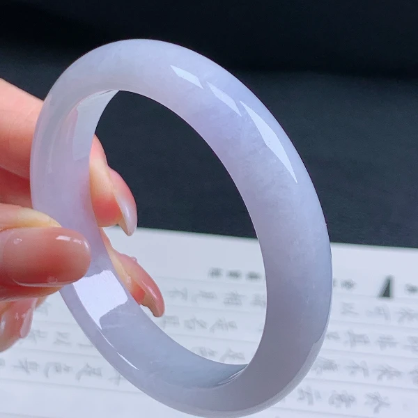 56圈天然翡翠A货老坑种淡紫色正圈手镯090女款冰透宽边平安镯