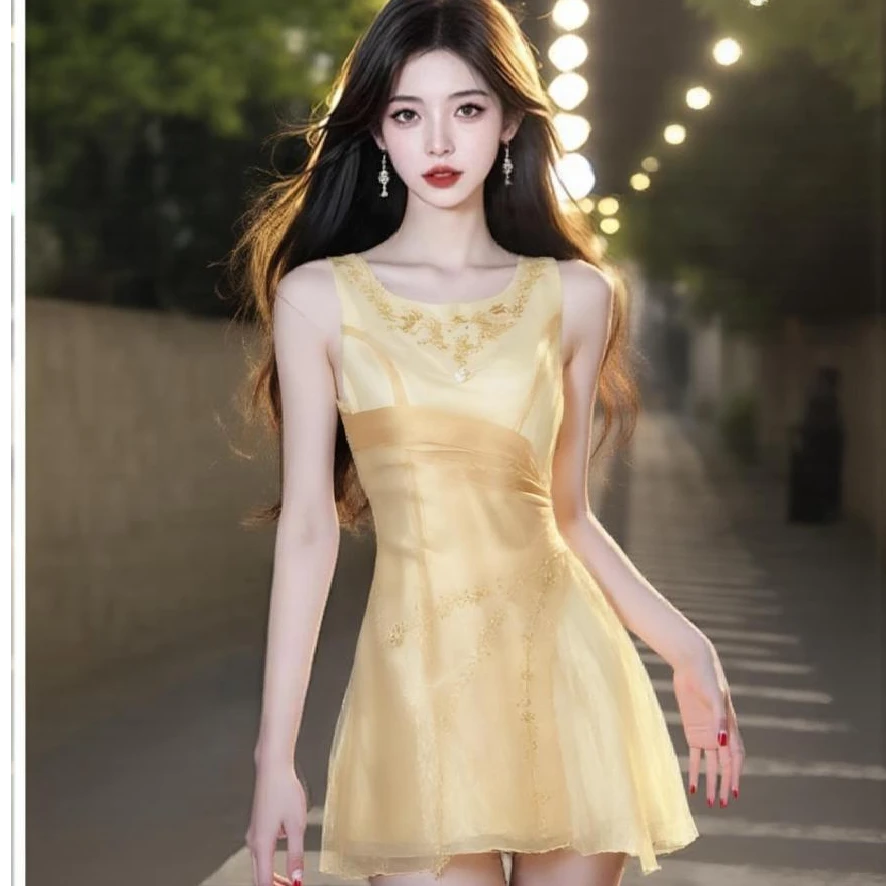 气质名媛纯色轻奢通勤V领气质夏季圆领刺绣连衣裙拉链宴会