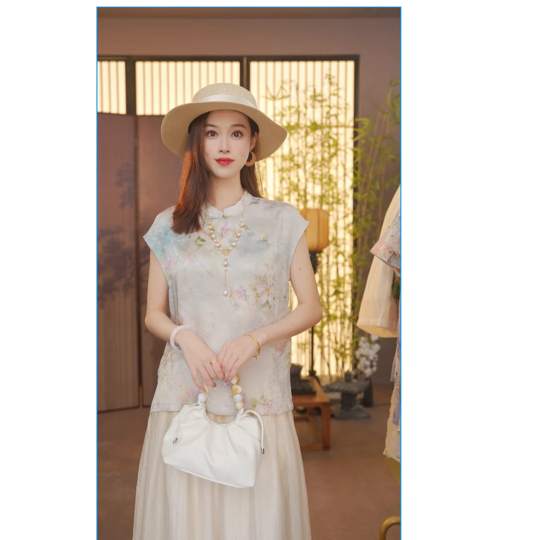 CJ[【蓝梦】新中式2025夏季气质百搭提花立领短袖上衣女FB2507272