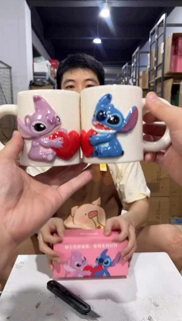 瓷片原盒史迪仔安琪浮雕爱心对杯