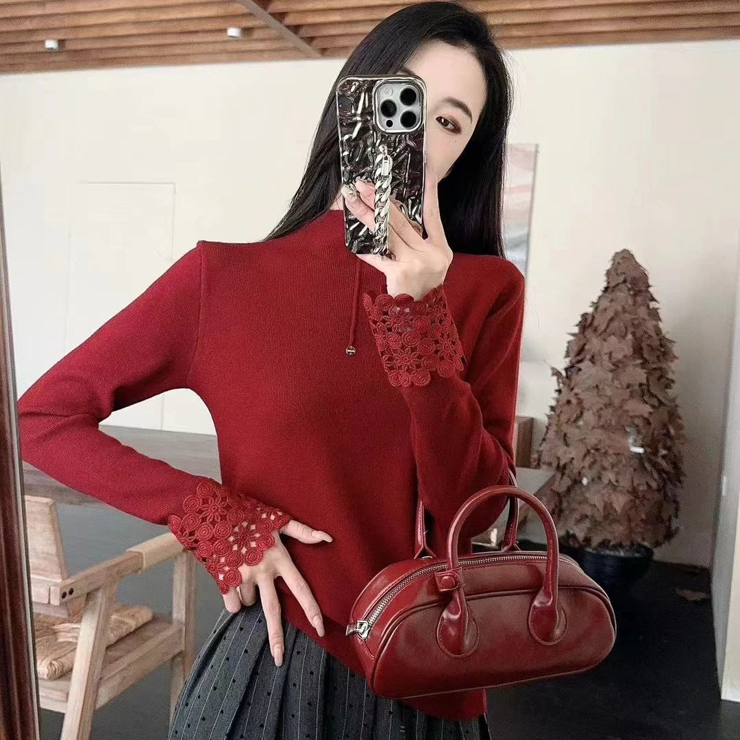 立领修身弹力高级感小众蕾丝袖口拼接针织衫时尚内搭打底衫T8016