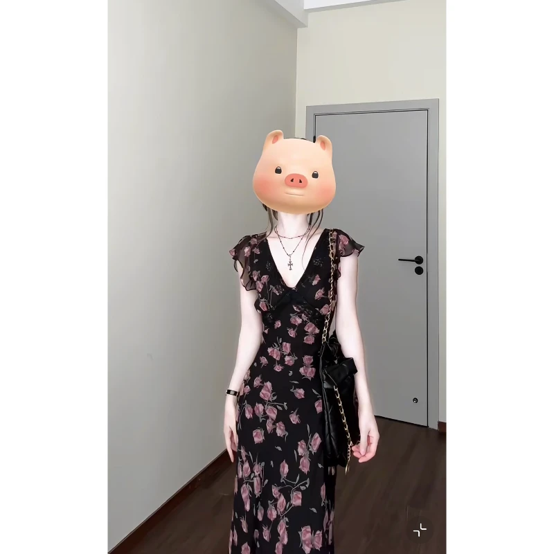 大码【暗夜玫瑰】法式印花雪纺蕾丝拼接优雅v领显瘦连衣裙洋气长裙