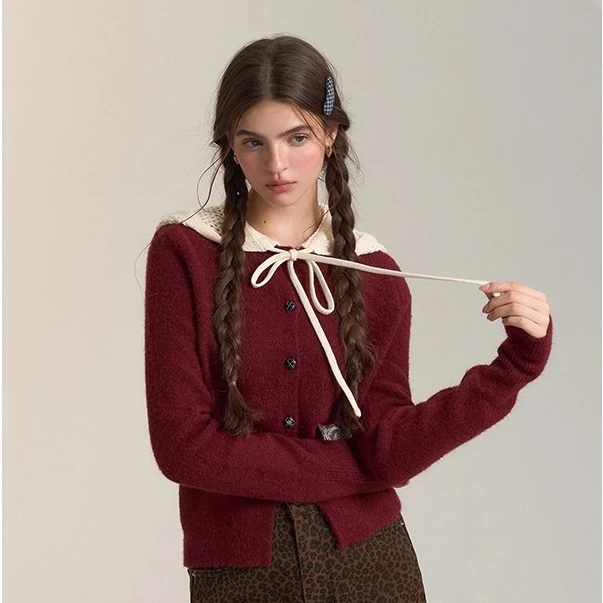 针织拼色通勤不褪色连帽毛针织衫开衫毛衣小香风修身复古港风