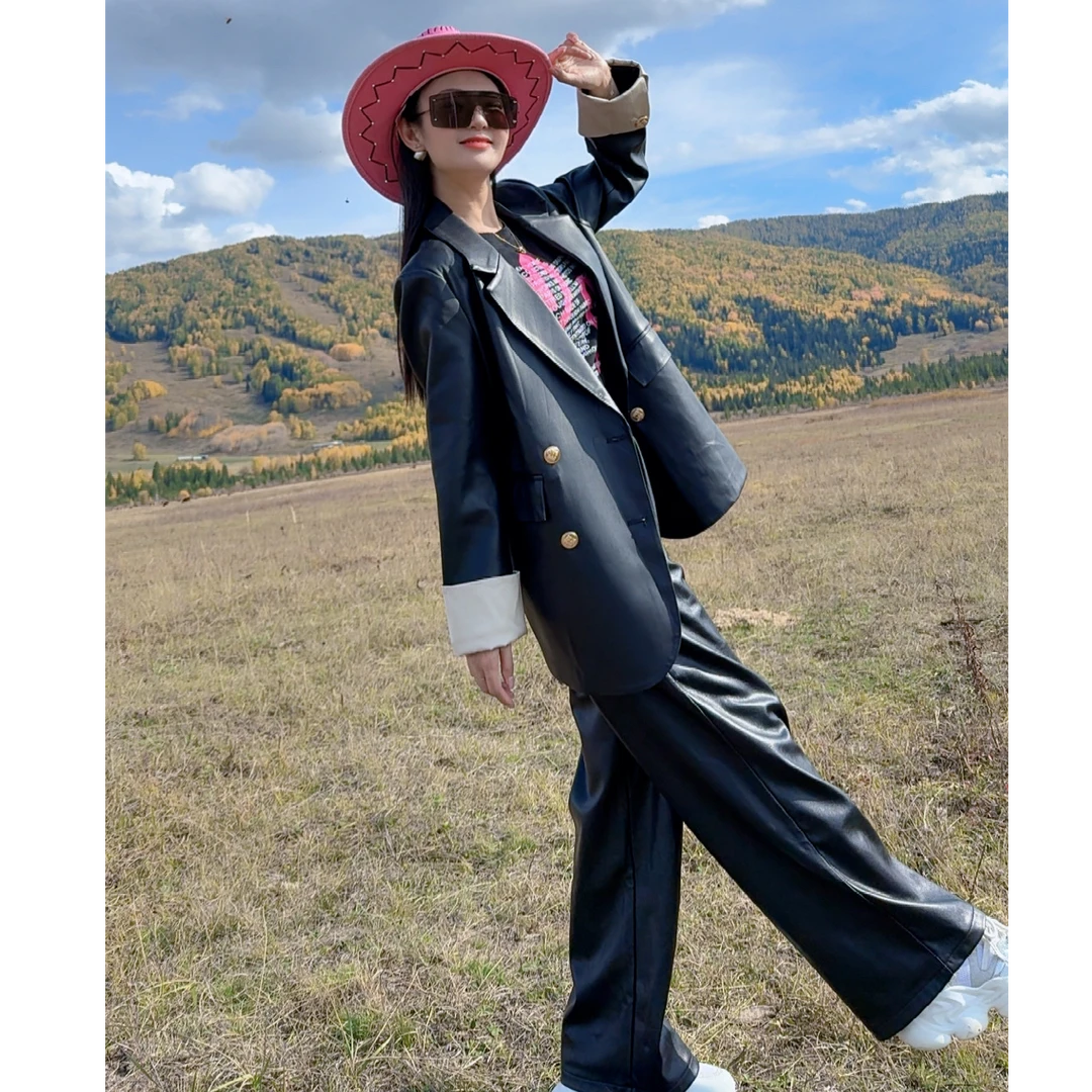 黑色皮衣外套女2025秋季新款韩版西装宽松高级设计感垫肩气质西服