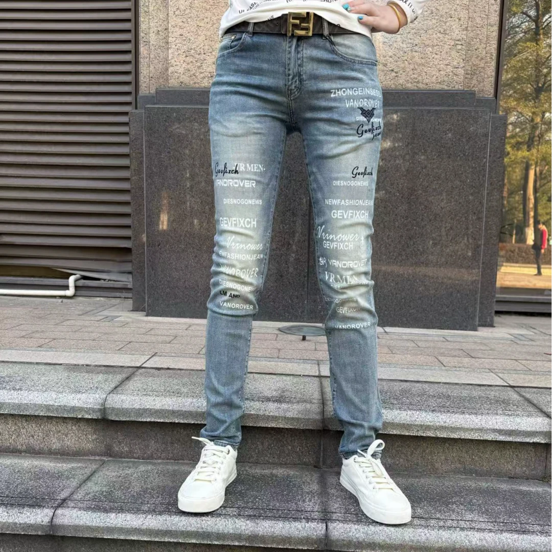 春夏重工印花欧货韩版男士修身牛仔裤潮流百搭休闲时尚男装小直脚