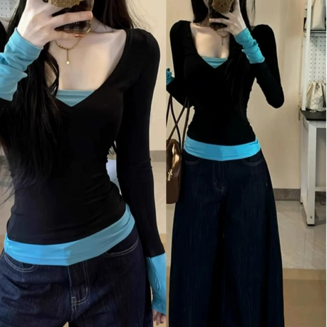 美式假两件2025春季湖蓝色V领撞色拼接别致修身显瘦气质长袖T恤