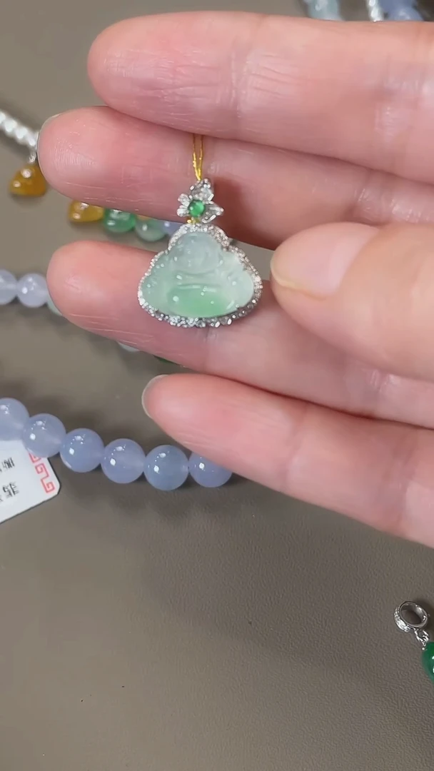 翡翠18K金镶嵌吊坠(不含链)天然缅甸翡翠吊坠