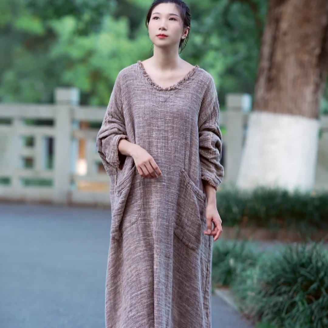 情侣无极Q903566粗织汉麻连衣裙