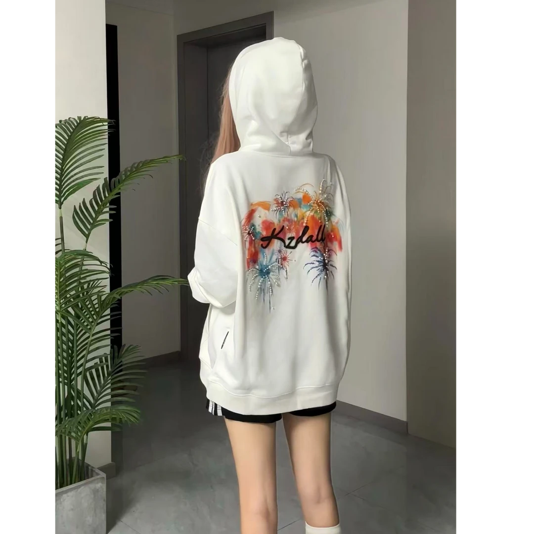 美式高街情侣装烟花钉珠连帽卫衣2025秋冬新款宽松休闲国潮牌外套