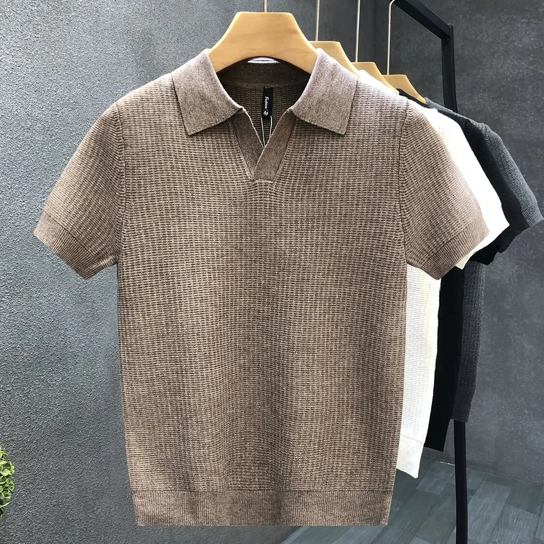 小v领针织衫男士短袖t恤2025新款夏季高端男装上衣翻领半袖POLO衫