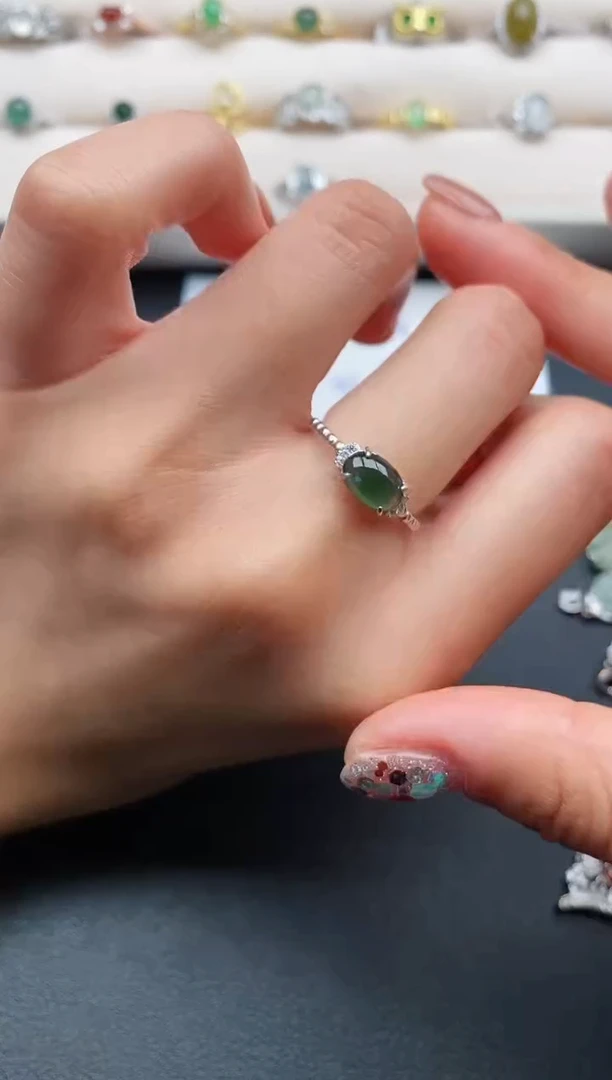 银S925镶嵌戒指翡翠缅甸天然A货翡翠11 8-5