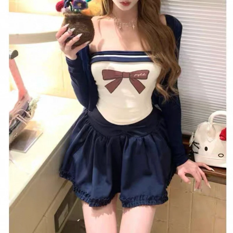 微胖mm纯欲蝴蝶结印花抹胸女修身开衫蓬蓬半裙三件套